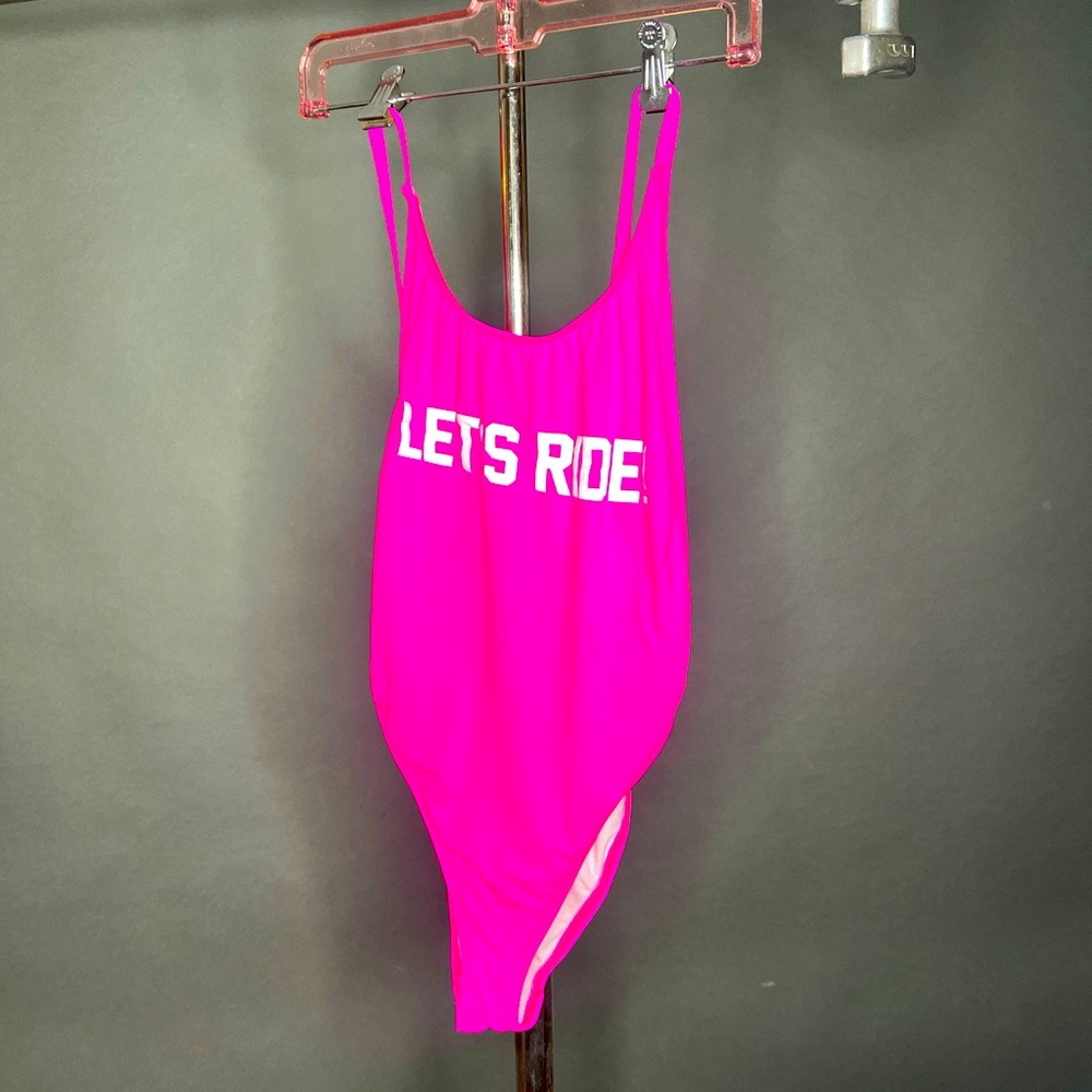 Women’s one piece, pink, swimsuit let’s ride !